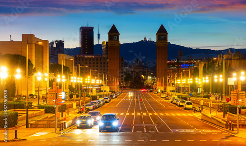 Cityscape of evening Placa d'Espanya with view of twin Venetian Towers. © JackF