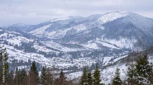mountain range covered with snow, winter panorama of mountains © DyrElena