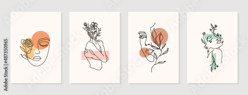 Modern abstract line minimalistic women faces arts set with different shapes for wall decoration, postcard or brochure cover design. Different woman faces. One line art. Vector illustrations design