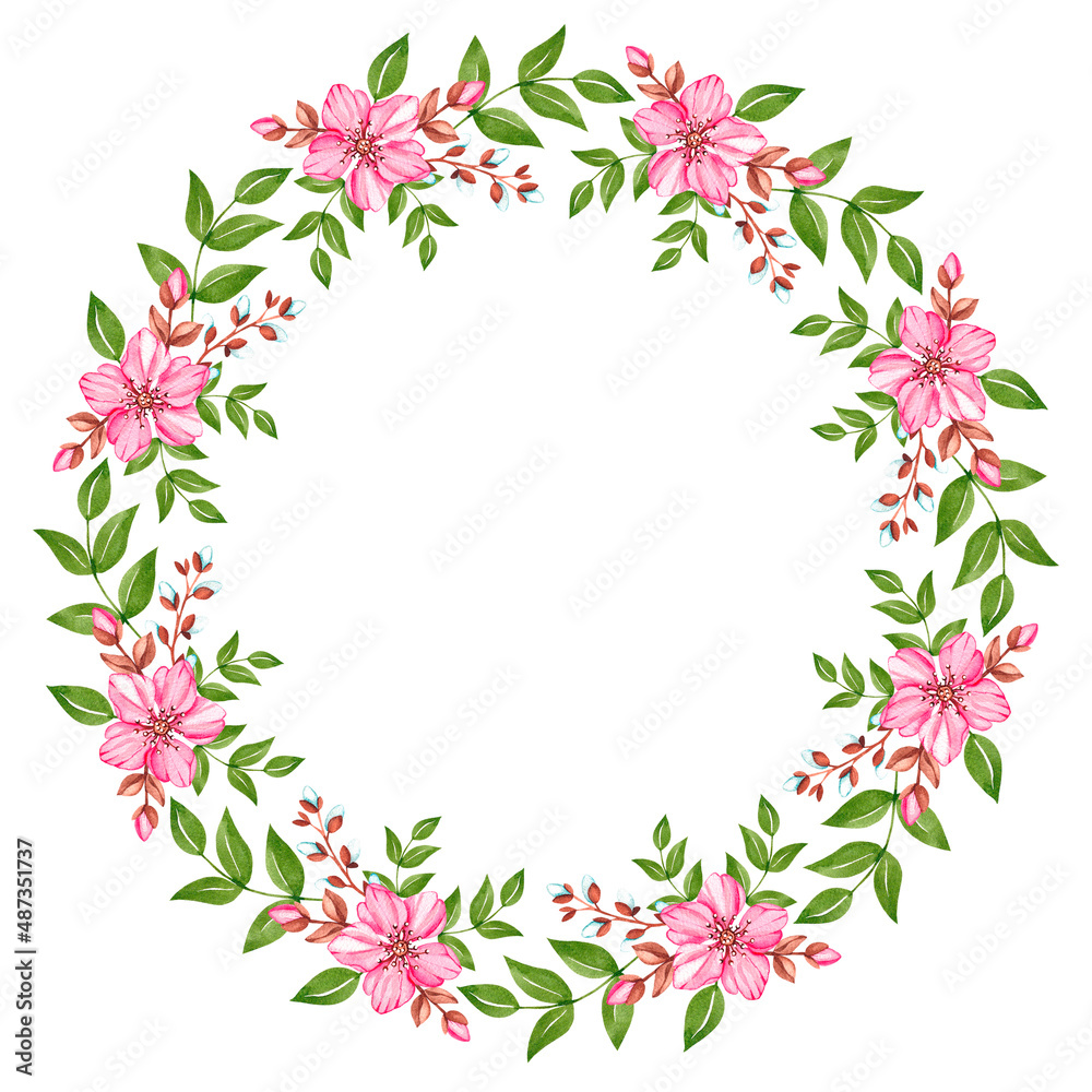 Watercolor round cherry blossom wreath on white background