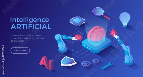 Artificial Intelligence AI, Digital brain, Artificial thinking process. Future technology, Machine learning, Smart brain computer, Neural networks. Isometric landing page. Vector web banner.