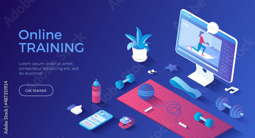 Online training, fitness, gym, workout at home, video exercises. Home sports equipment. Mobile application for tracking results. Isometric landing page. Vector web banner.