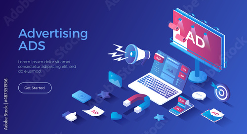 Effective advertising campaign. Promotion of goods and services using Outdoor Advertising, Internet ads, Direct marketing. Photo video ad in social networks, spam, billboard. Isometric landing page. 