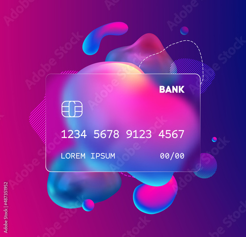 Glass morphism credit card template. Plastic rectangle of transparent plastic with blur effect. Liquid shapes morphism abstract art.