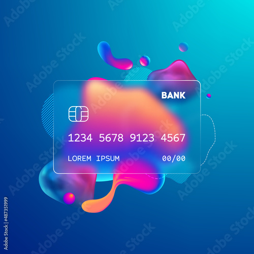 Glass morphism credit card template. Plastic rectangle of transparent plastic with blur effect. Liquid shapes morphism abstract art.