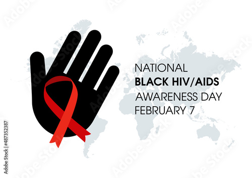 National Black HIV AIDS Awareness Day vector. Red HIV awareness ribbon with human hand vector. February 7. Important day