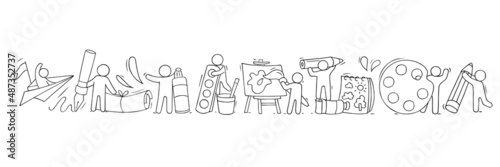 Sketch of art class with working little people