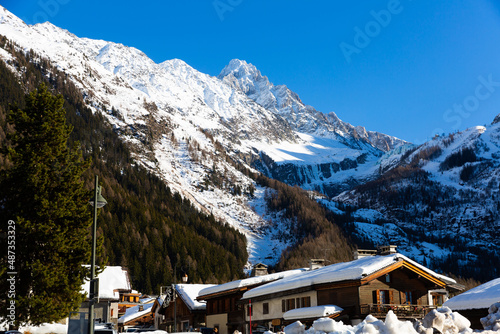 Snowy winter in Argentiere Chamonix Mont Blanc, beautiful mountain ski resort in Alps