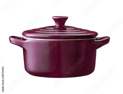 purple cast iron enamel frying pan. Dutch oven, isolated on white photo