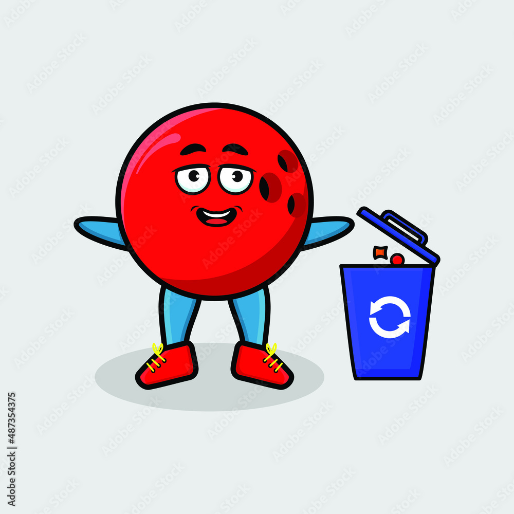 Cute cartoon bowling ball throwing trash in the trash in 3d modern