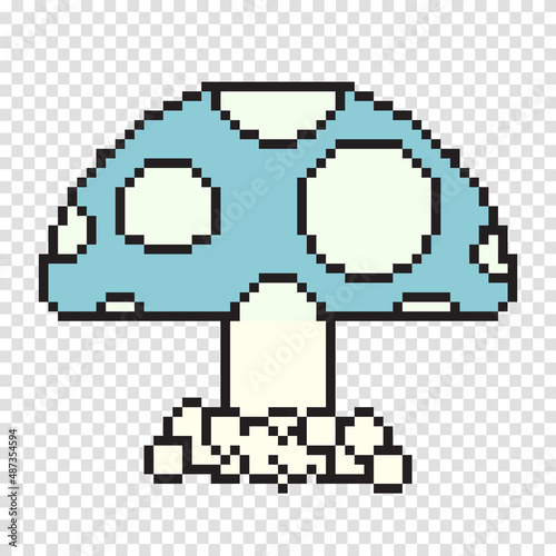 Pixel art mushroom cartoon retro game style. Pixel art  digital mushroom  flat web icon  vector design retro object. Vector illustration