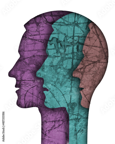  Schizophrenia male head silhouette. Illustration with three stylized male heads on grunge texture symbolizing schizophrenia Depression,bipolar disorder.
 photo