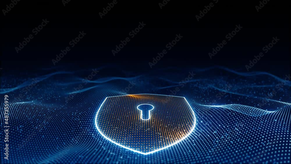 Motion graphic of Blue glowing particle wave with orange security shield logo futuristic technology on abstract background seamless loop video