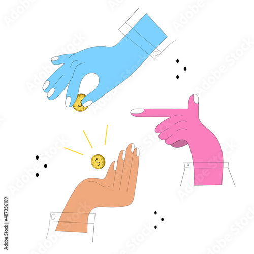 A set of hands with a gold coin. The concept of a successful business, prosperity. Vector icons, stickers, poster. Space for text.