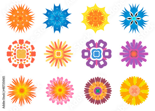 Set of flowers icons in silhouette. Simple retro illustrations of bright colors for stickers, labels, tags, gift wrapping paper, scrapbooking