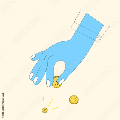 The hand holds a gold coin with its fingers. The concept of a successful business, prosperity. Vector icon, sticker, print. Space for text.