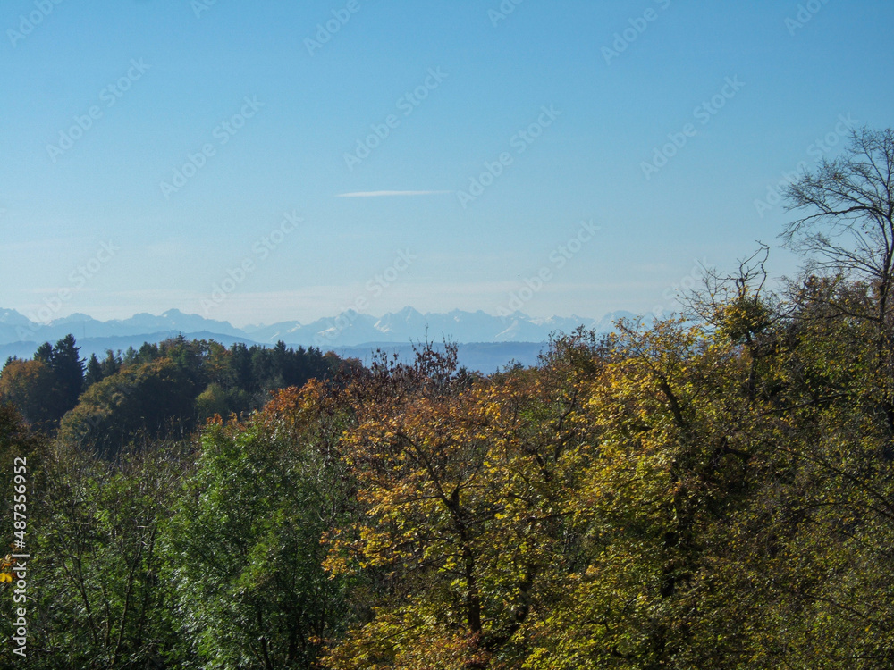 View over some autumn colorful deciduous trees to the Bavarian Alps lightly covered with snow in the haze of the horizon