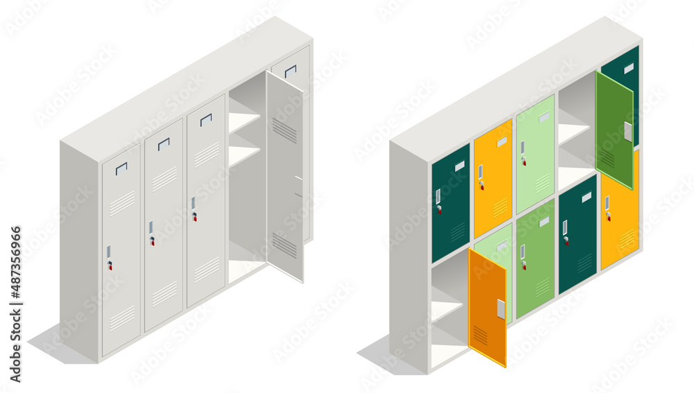 Isometric School lockers isolated in white background. White and coloured school metal locker with open doors. - obrazy, fototapety, plakaty 
