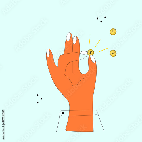 The hand holds a money coin with its fingers. The concept of success, wealth and prosperity. Vector illustration for printing, stickers, posters.