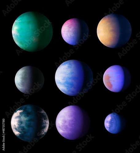 Collection of exoplanets of different colors and sizes. Planets from another star system on a black background. 