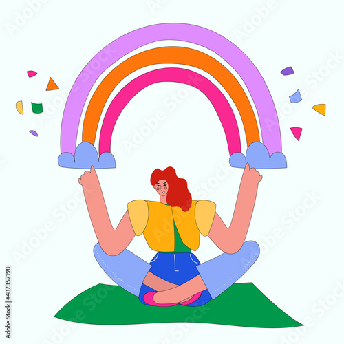 The girl is sitting and holding a rainbow with her hands. Bright vector illustration for poster, postcard, print.