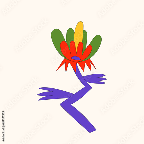 A bizarre psychedelic flower in the A bizarre psychedelic flower in the hippie style of the 60s and 70s. An element of a botanical pattern. Summer print.