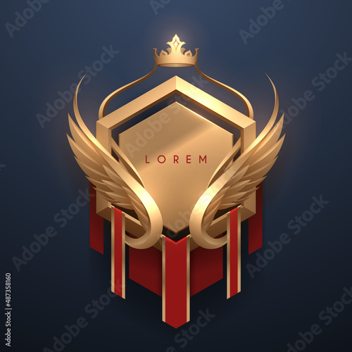 Golden badge template with crown and wings