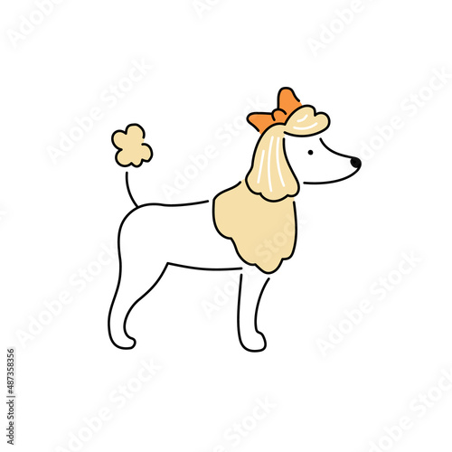 Cute poodle dog. Pet grooming salon icon design. Doodle line style vector illustration.