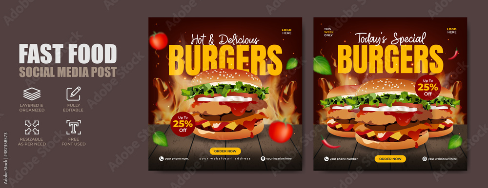 Fast food social media banner post with burger, restaurant logo, icon and abstract background. Pizza & hamburger online sale marketing flyer. Food menu web poster design for business website.