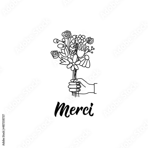 Merci card. French lettering. Thank you phrase in French. Ink illustration. Modern brush calligraphy. Isolated on white background.