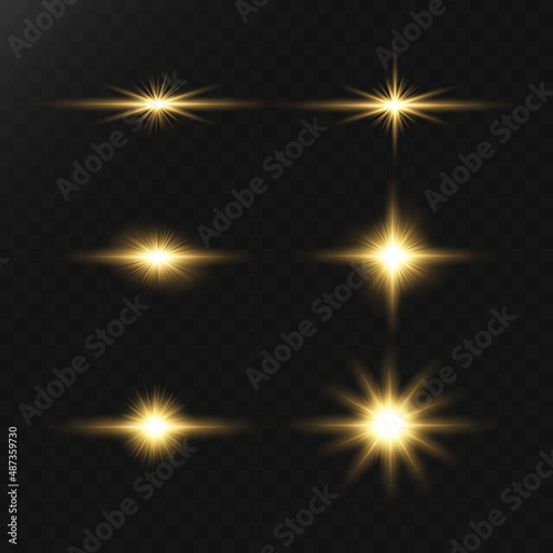 Shining light effects isolated on transparent background, glare, lines, white light particles. Set of vector stars. 