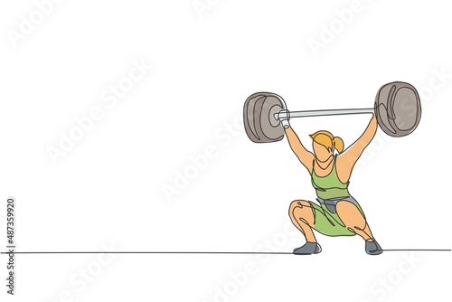 One single line drawing of fit young athlete muscular woman lifting barbells working out at a gym vector illustration. Weightlifter preparing for training concept. Modern continuous line draw design