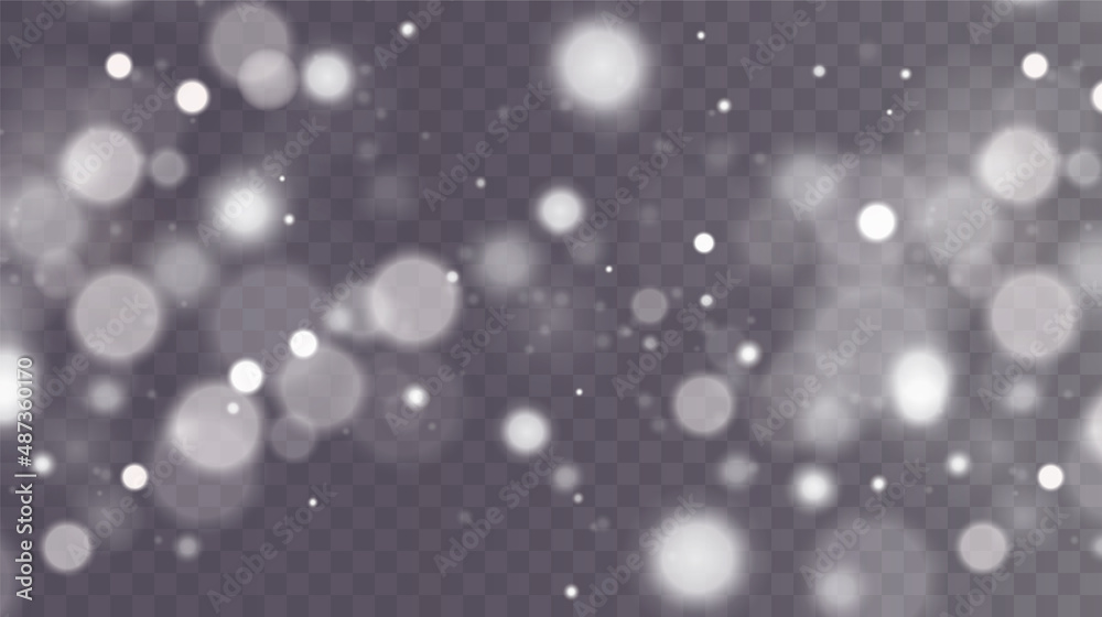 Christmas background. Powder PNG. Magic bokeh shines with white dust. Small realistic glare on a transparent Png background. Design element for cards, invitations, backgrounds, screensavers.
