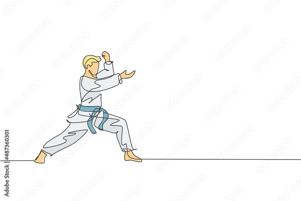 One continuous line drawing of young talented karateka man train pose for duel fighting at dojo gym center. Mastering martial art sport concept. Dynamic single line draw design vector illustration
