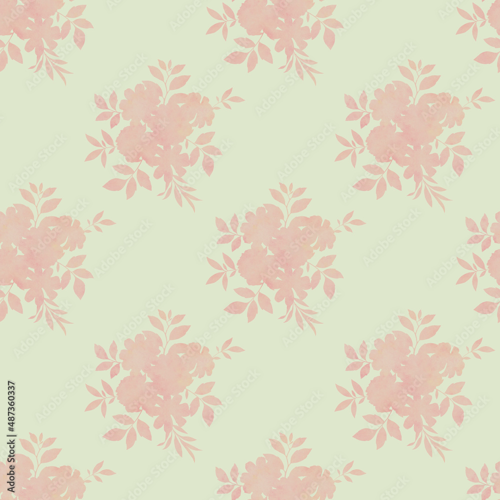 Seamless botanical pattern, silhouette of a bouquet of flowers. Watercolor texture of flowers silhouette for design, ready-made seamless background with delicate flowers.