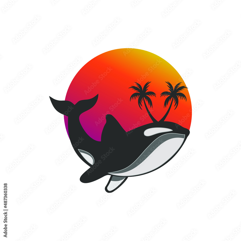 Illustration of Orca whale fish with palm tree on sunset Illustration of Orca whale fish with palm tree on sunset