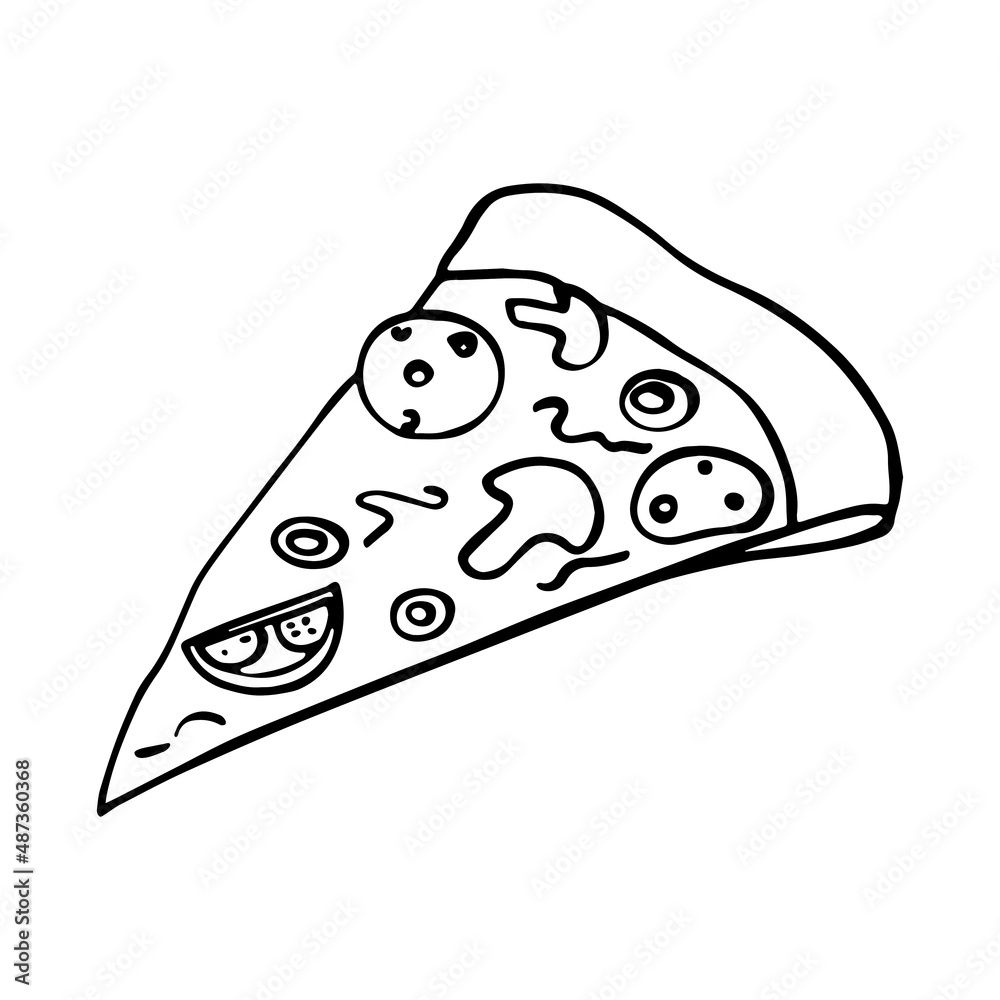 vector doodle, sketch pizza with tomato, pepperoni and mushroom using hand drawing style vector doodle, sketch pizza with tomato, pepperoni and mushroom using hand drawing style