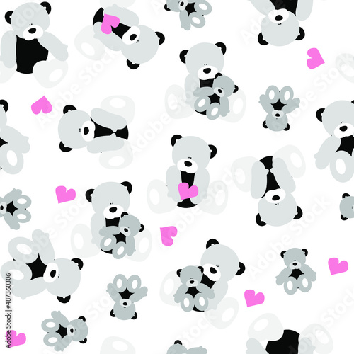 Seamless pattern, black and white bears with pink hearts on a colorless background. Beautiful background for your design, wallpapers, fabrics, textiles, wrapping paper and more.