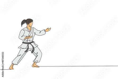 One continuous line drawing of young talented karateka girl train pose for duel fighting at dojo gym center. Mastering martial art sport concept. Dynamic single line draw design vector illustration