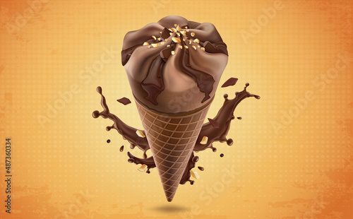 Chocolate ice cream cone vector illustration with chocolate splash 