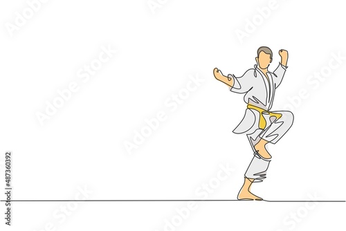 One single line drawing of young sporty karateka man in fight uniform with belt exercising martial art at gym vector illustration. Healthy sport lifestyle concept. Modern continuous line draw design