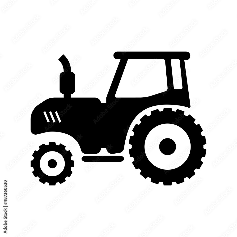 Obraz premium Silhouette in the form of a tractor icon for agriculture and farming, a simple tractor for works, crops, machinery for the care of the land. Isolated on a white background. Vector graphics