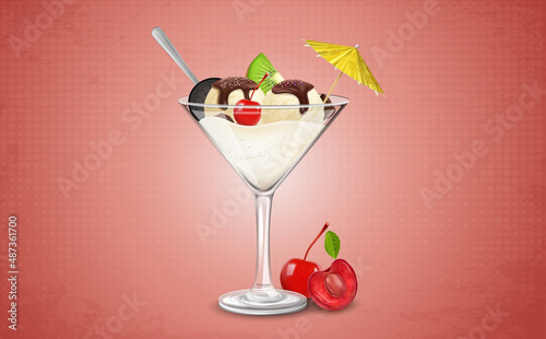 Butterscotch ice cream in a martini glass with cherry and cherry flavour