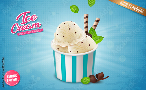 Butterscotch ice cream tub with full of ice cream scoops and mint leaves on blue background vector illustration
