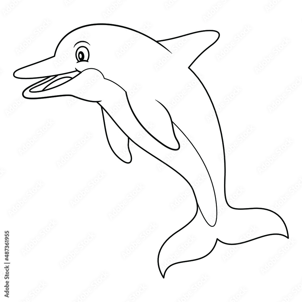 Fototapeta premium Dolphin line art illustration. Happy smiling face, jumping. Cheerful mascot and character for children and kids coloring book or coloring pages. Uncolored blank outline image on white background.