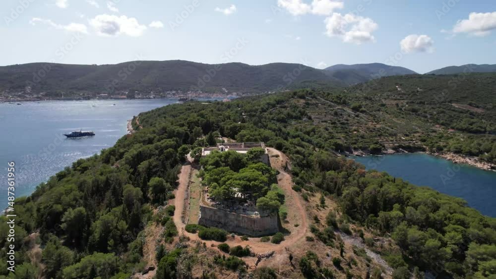 Aerial Break Away Revealing Fort George Stone Fortress on Vis Island Croatia Day Drone 4k Aerial Break Away Revealing Fort George Stone Fortress on Vis Island Croatia Day Drone 4k