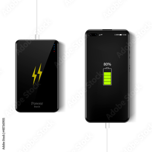 Smartphone is charged from powerbank, realistic and isolated vector illustration