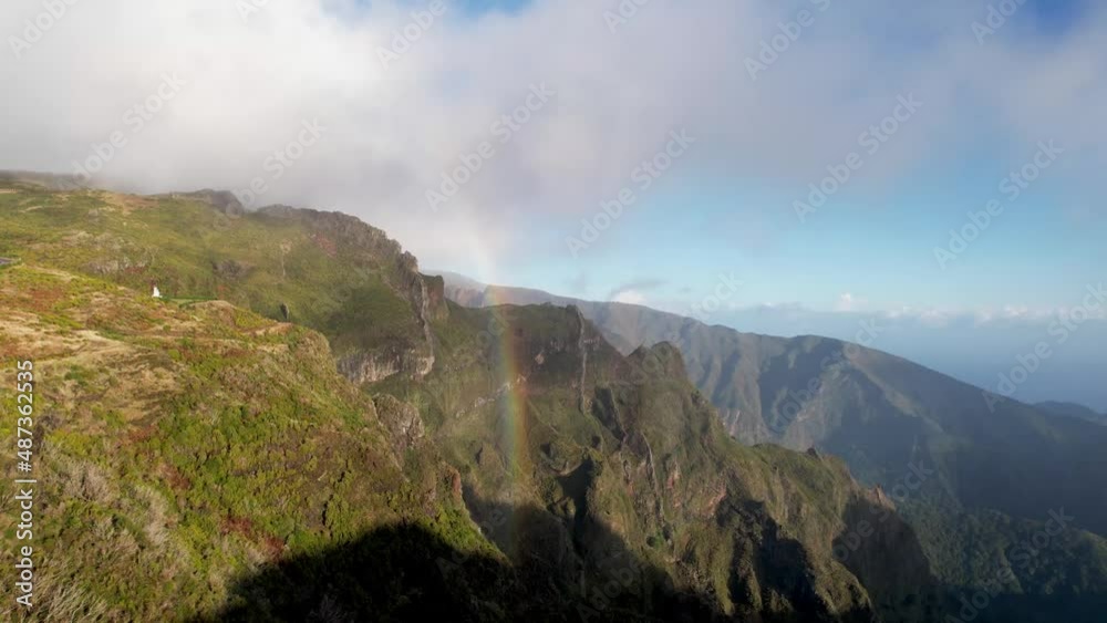 Aerial Approach Rainbow Lush Green Mountain Valley Pico do Arieiro Madeira Island Portugal Cloudy Morning Drone 4k Aerial Approach Rainbow Lush Green Mountain Valley Pico do Arieiro Madeira Island Portugal Cloudy Morning Drone 4k