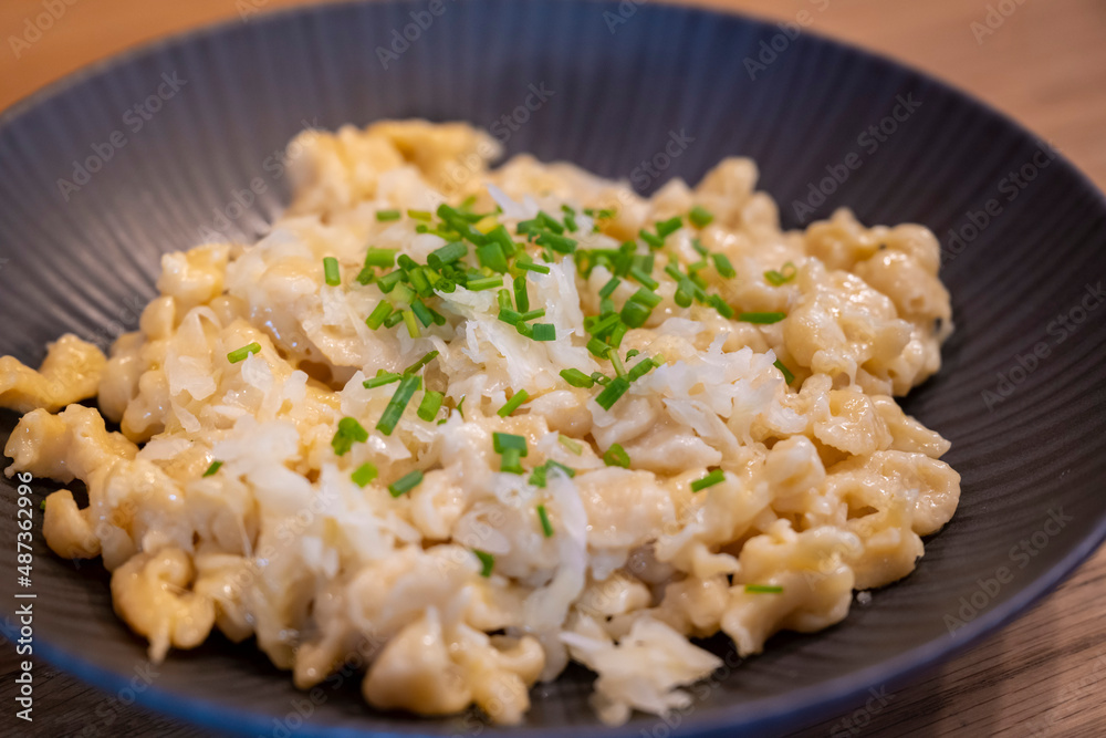 traditional tyrolean house dish cheese spaetzle served with fresh chives and finely chopped onions