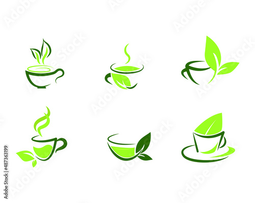 Collection of green tea icons. Colorful flat illustration